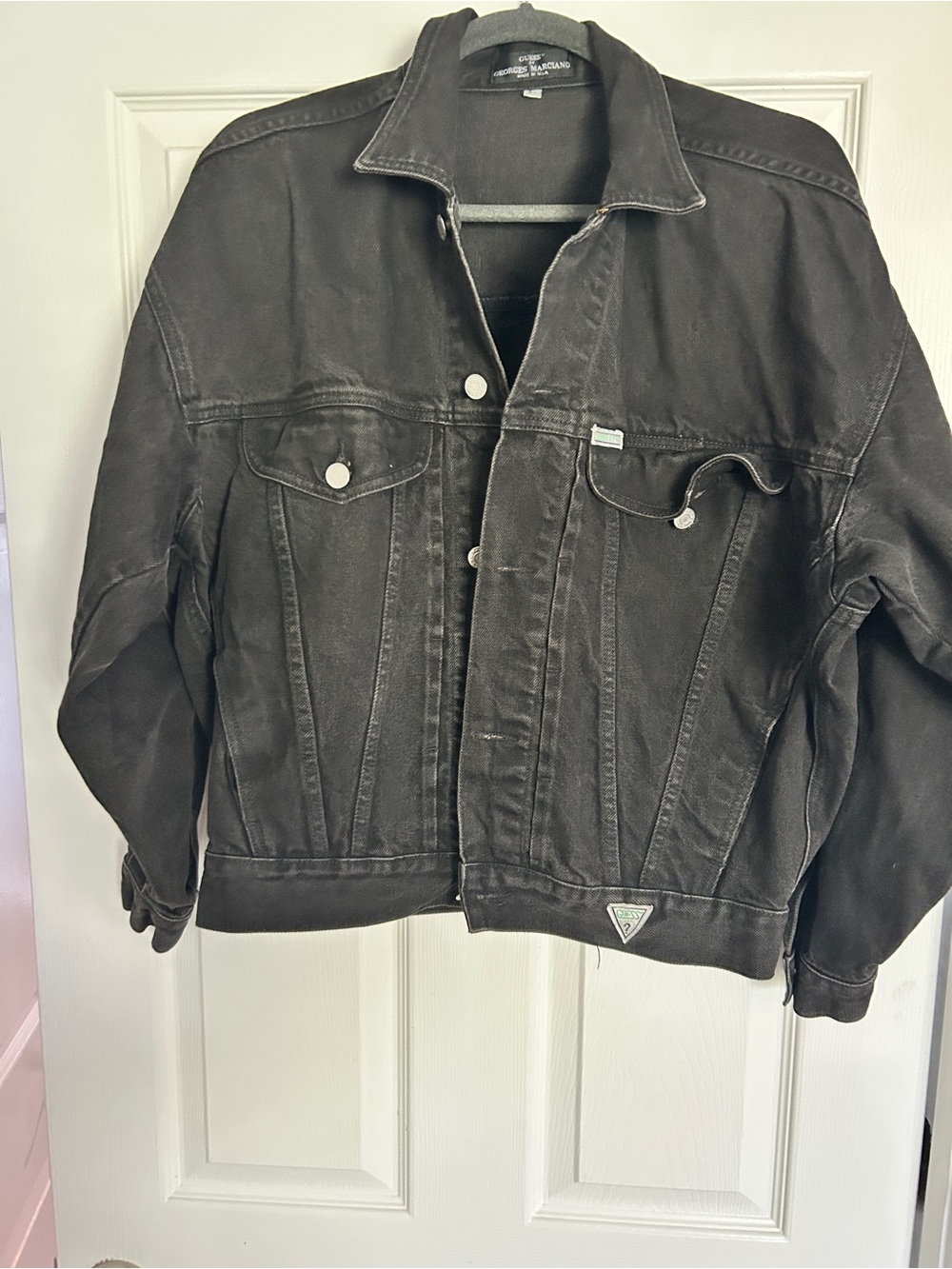 Vintage Guess Men's Black Denim Jacket with Button-Front